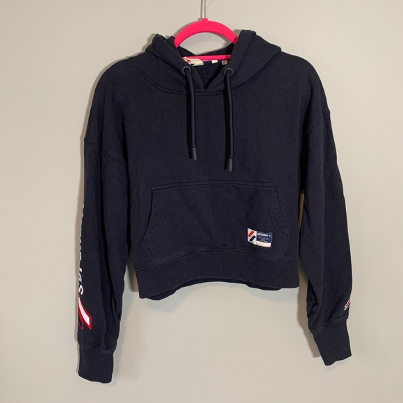 Superdry Tops - Superdry Navy Cropped Fitted‎ Hoodie Athletic Logo Sleeve Pullover Women Small